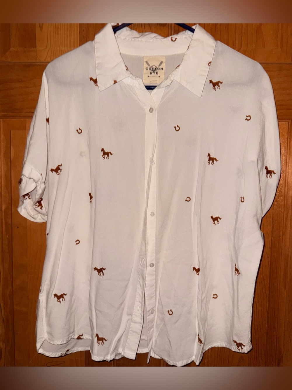 White Button-Up Shirt with Brown Horse Print